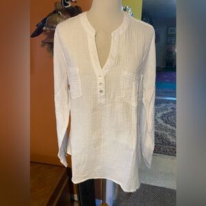 White Cotton Gauze Henley Tunic Top. XXL